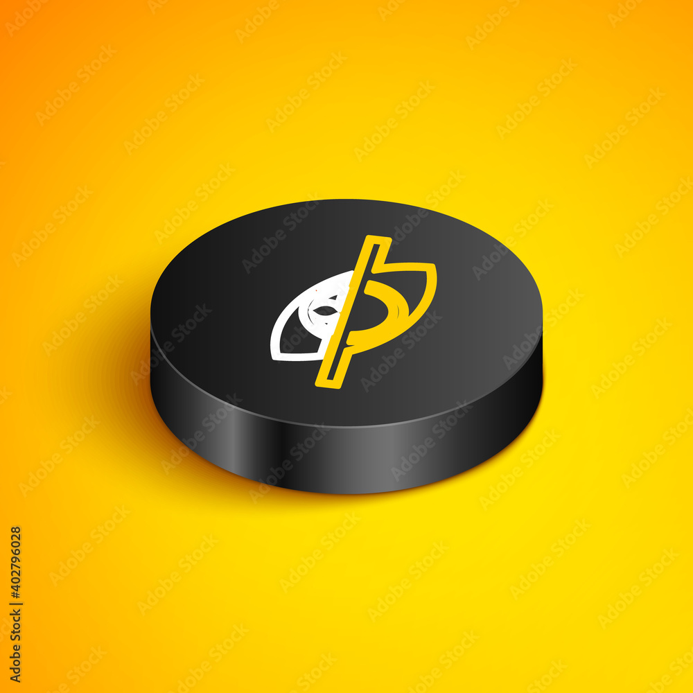 Poster isometric line invisible or hide icon isolated on yellow background. black circle button. vector.