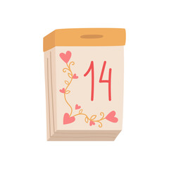 Tear-off hand-drawn calendar. A sheet with the date February 14, Valentine's Day. Vector illustration.
