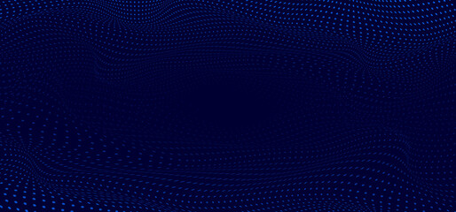 Abstract blue wavy wave halftone dots on dark blue background and texture