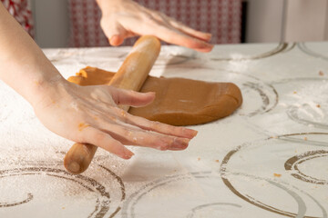 Women's hands cut out shapes for baking gingerbread cookies