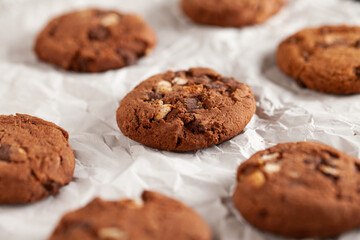 Chocolate cookies on white torn paper.
