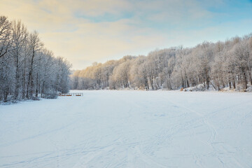 Snowy winter in Russia. Winter forest landscape with snow-covered trees and snowdrifts. Nizhny Novgorod