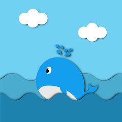 Graphic papercut for kindergarden school kid and baby which use as teacher material, Cute whale papercut swim in the sea