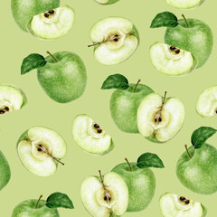 Watercolor seamless pattern green apple on a color background.