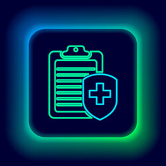 Glowing neon line Clipboard with medical insurance icon isolated on black background. Patient protection. Clipboard and shield with a cross. Colorful outline concept. Vector.