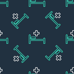 Line Hospital bed with Medical symbol of the Emergency - Star of Life icon isolated seamless pattern on black background. Vector.