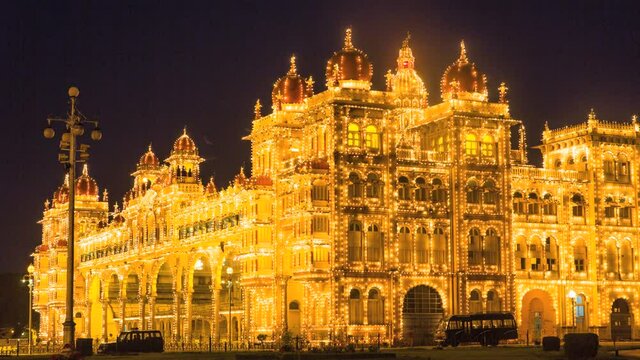 A close up of illuminated 120 year old Historic Mysore Palace at night during the celebrated Dasara (Vijayadashami) Festivals.