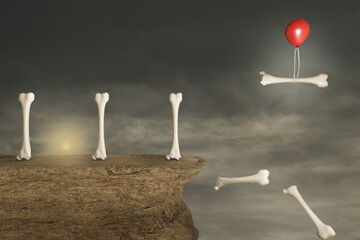 Human thigh bones on a stone cliff with a red balloon help to escape one human thigh bone from falling in a sunset day. Strong bones or Osteoporosis world day or retirement age and health. 3D Render