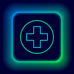 Glowing neon line Medical cross in circle icon isolated on black background. First aid medical symbol. Colorful outline concept. Vector.