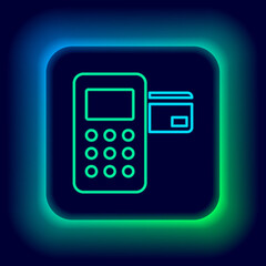Glowing neon line Pos terminal with inserted credit card icon isolated on black background. Payment terminal transaction. Colorful outline concept. Vector.