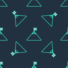 Line Mountains and flag on top icon isolated seamless pattern on black background. Symbol of victory or success concept. Vector.