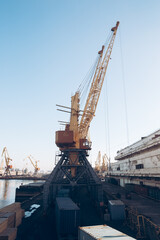 Fototapeta premium Yellow loading crane. Black Sea commercial port, container loading by crane. Shipping. Container import and export logistics, cargo harbor view. Panorama of harbor cranes.