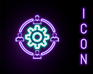 Obraz premium Glowing neon line Outsourcing concept icon isolated on black background. Cooperation sign. Idea of teamwork and investment. Colorful outline concept. Vector.