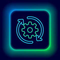 Glowing neon line Gear and arrows as workflow concept icon isolated on black background. Gear reload sign. Colorful outline concept. Vector.