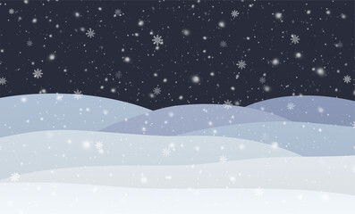 Winter snowfall with snowflakes at night. Cold winter landscape with snowdrifts Christmas and New Year background.