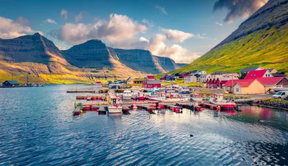Foto op Plexiglas Landscape photography. Stunning morning view of Hvannasund port and village, Vidoy island. Nice summer scene of fjord on Atlantic ocean. Beautiful landscape of Faroe Islands, Denmark. © Andrew Mayovskyy