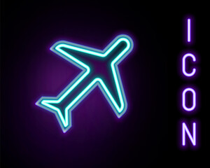 Glowing neon line Plane icon isolated on black background. Flying airplane icon. Airliner sign. Colorful outline concept. Vector.