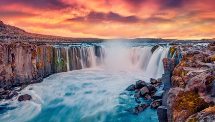 Fototapete Dramatic summer view of Selfoss Waterfall. Impressive sunrise on Jokulsa a Fjollum river, Jokulsargljufur National Park. Attractive  morning scene of Iceland, Europe. © Andrew Mayovskyy