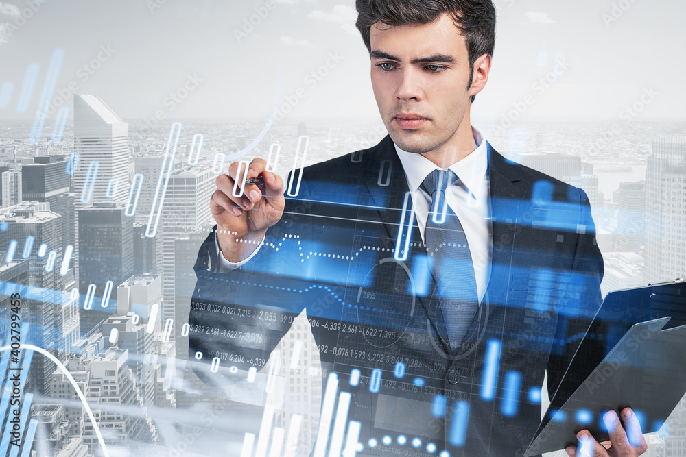 Poster man working with digital graphs in city