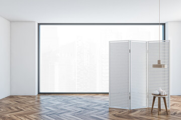 Wooden hall with white wooden screen and small table, large window
