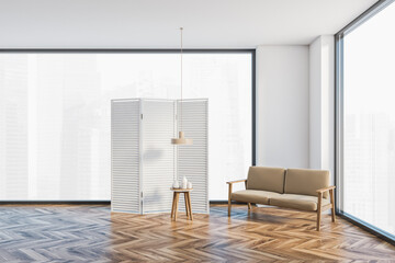 White and wooden hall with sofa and small table, white screen near window