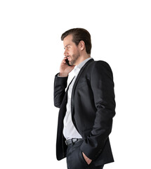 Man talking on smartphone, side view, isolated