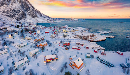 Aerial landscape photography. Stunning evening view from flying drone of southernmost of Lofoten islands town, with exotic name - "A", Norway, Europe. Fantastic sunrise on Norwegian sea.