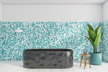 White and sea-green bathroom with bathtub and plant on tiled floor