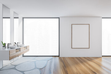 Mockup frame in white and wooden bathroom with two sinks and window