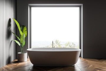 Gray and wooden bathroom interior with tub