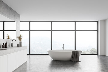 Fototapeta na wymiar Panoramic white bathroom with sink and tub