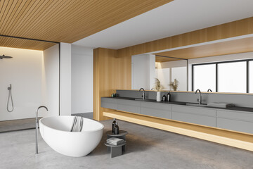 Fototapeta na wymiar Stylish white and wooden bathroom with tub, sink and shower