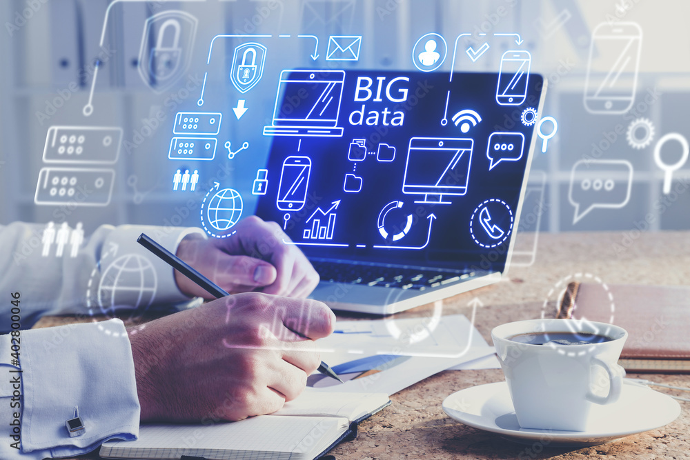 Poster man with laptop in office and big data interface