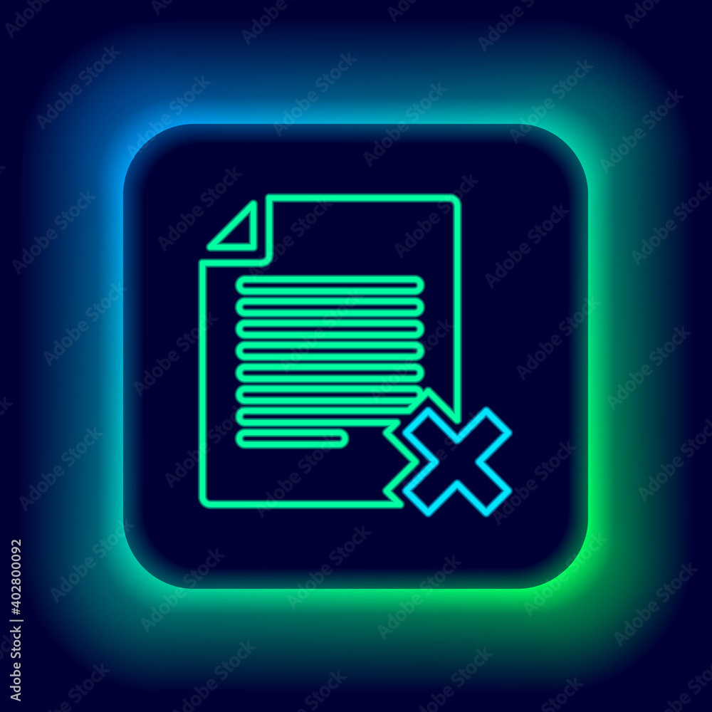 Poster glowing neon line delete file document icon isolated on black background. rejected document icon. cr