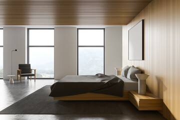 Naklejka na ściany i meble White and wooden master bedroom interior, side view