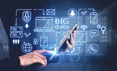 Man with tablet and big data interface