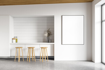 Modern white pub interior with bar counter and poster