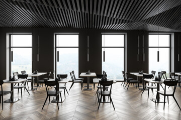 Modern gray restaurant interior with square tables