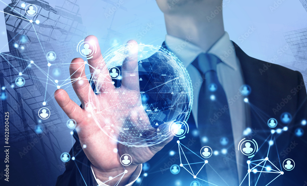 Poster man using network interface in city