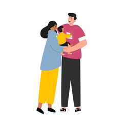 Happy parents-guardians with a child in their arms. Adoption process. Vector illustration of the concept of child custody.