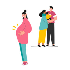 The smiling pregnant woman put her hand on her stomach. Surrogacy. Portrait of future parents after the birth of a child. Vector illustration of childbirth