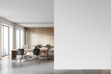 Wooden open space office and meeting room with mock up wall