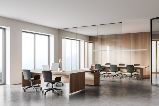 Modern wooden and white open space office corner