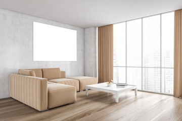 Mockup frame in living room with beige sofa and coffee table near window