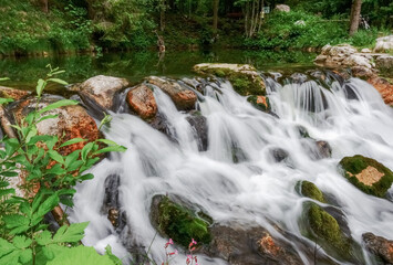 rushing waterfall over green rocks near a pond in the forest