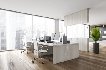 Wooden office with chairs and wooden tables, windows with city view
