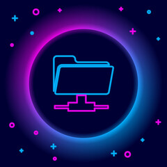 Glowing neon line FTP folder icon isolated on black background. Software update, transfer protocol, router, teamwork tool management, copy process, info. Colorful outline concept. Vector.