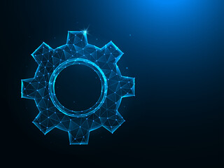 Gear or cogwheel low poly art. Settings or options polygonal vector illustrations on a blue background.