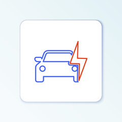 Line Electric car and electrical cable plug charging icon isolated on white background. Renewable eco technologies. Colorful outline concept. Vector.