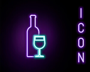 Glowing neon line Wine bottle with wine glass icon isolated on black background. Colorful outline concept. Vector.